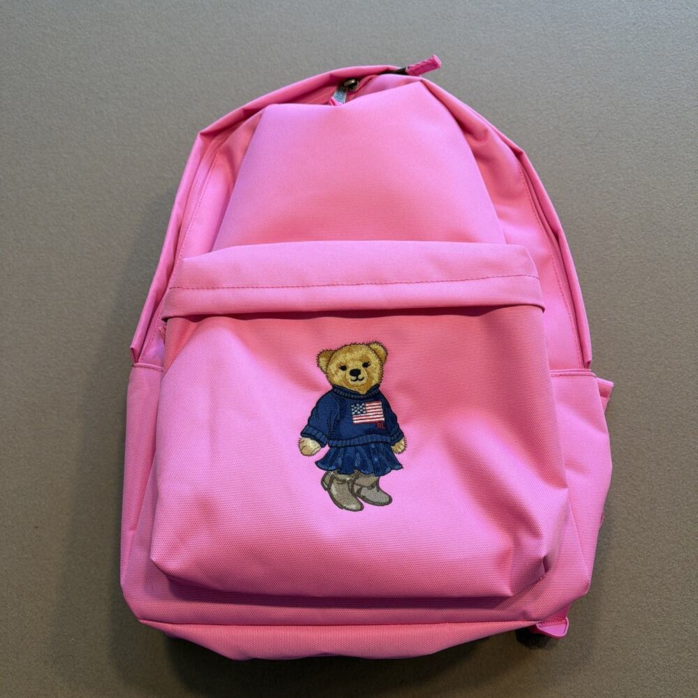 Polo Ralph Lauren Pink Backpack Full Size Laptop Unisex Embroidered Bear Unisex